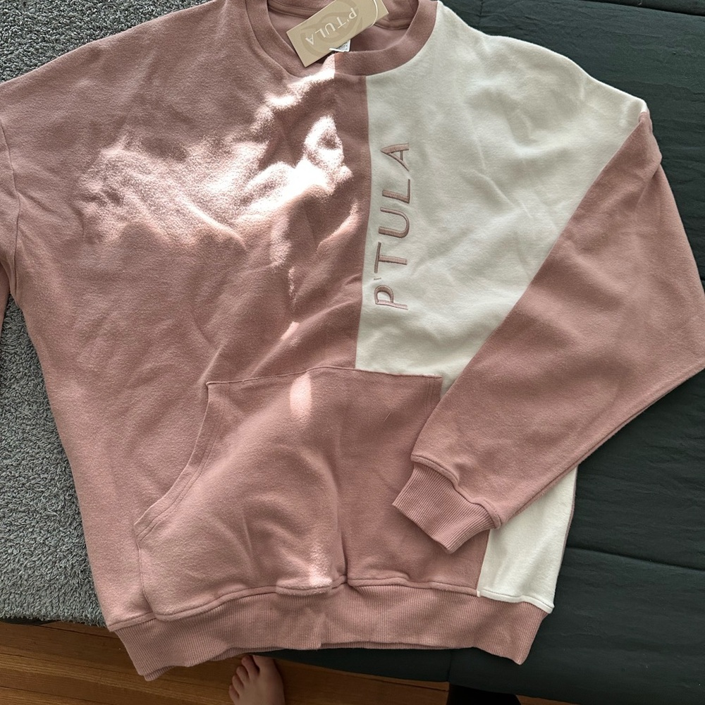 P'tula Pink and White Crew Neck Sweater Cozy Color Block